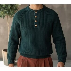 Northern Watters Knitwear Mens 100% Wool Henley Sweater Green Made in Canada  44